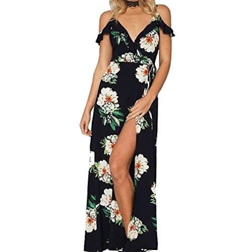 HONEY BOUTIQUE Women's Summer Ruffle Split Cold Shoulder Strap V Neck Floral Maxi Dress