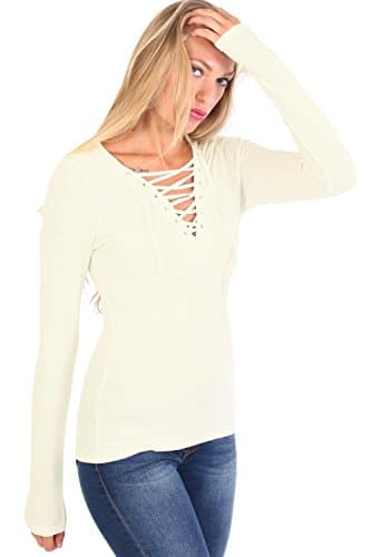 PILOT Women's Plain Fine Rib Long Sleeve Lace Up Front Top in Cream, Large