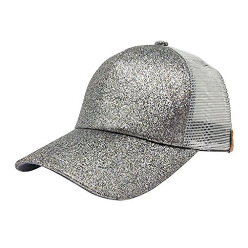 Hijing Adjustable Unisex Baseball Cap, Ponytail Hat Bun Sequin, Patched Mesh Back Cap (Silver)