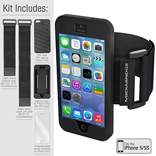 Mediabridge Armband Value Pack for iPhone SE/5S/5 - 1 Slim Shell Case (Black), 1 Silicone Case, 1 Premium Glass Screen Protector & 2 Elastic Velcro Straps For Upper/Forearms (Part# AB2-I5-BLACK )