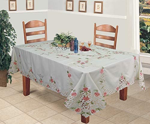 Creative Linens Embroidered Rose Daisy Floral Tablecloth 70x120 Rectangular with 12 Napkins Ivory Spring