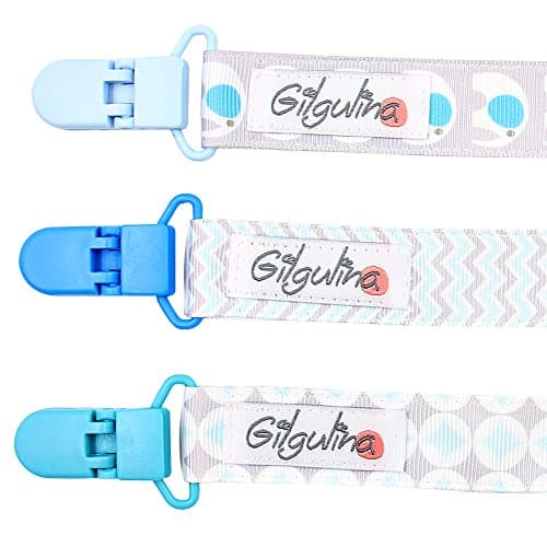 Pacifier Clip Boys with Gilgulina Pacifier Case, Quality 3 Pack Blue Baby Pacifier Holder, Stylish Soothie Pacifier Clip, Perfect Baby Shower Gift