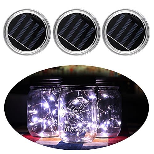 Mason Jar Lights 3 Pack Solar Mason Jar Decor Lid Insert LED String Fairy Lights for Garden Deck Patio Party Wedding Christmas Decorative Lighting (Jars Not Included) White