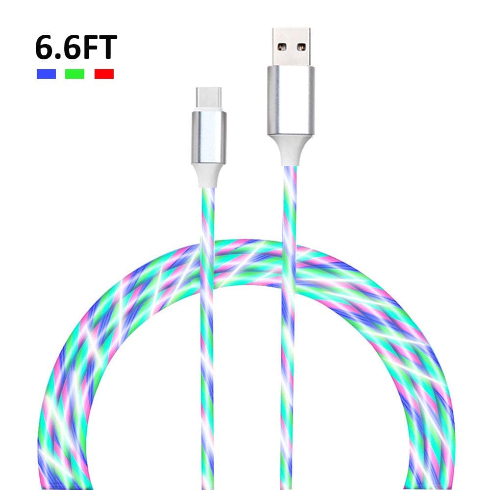 LED USB C Cable 6.6FT Fast Charge Sync Data Cord Visible Flowing Type C Charging Cable Compatible with Samsung Galaxy S9 S8 Plus Note 9 8, Sony Xperia XZ, Nexus(Silver-Type C)