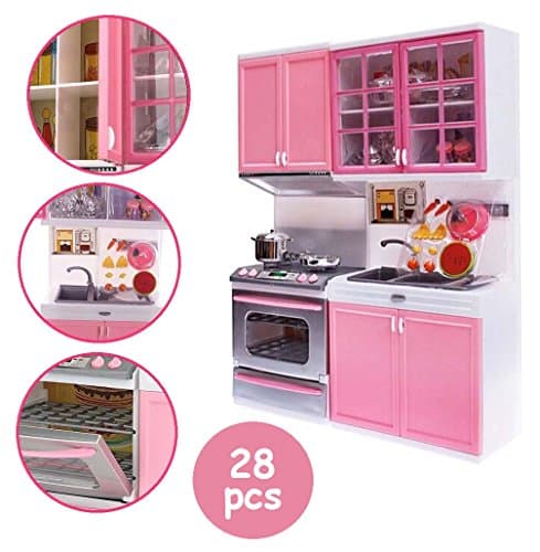 Toy Kitchen Set | Fun 28 pcs Mini Realistic Kitchen Cabinet Stove Play Set with Light and Sound | Battery Operated Kitchen Appliances for Toddler Kids | Ultra Safe Non-Toxic Durable Material | 1315.3