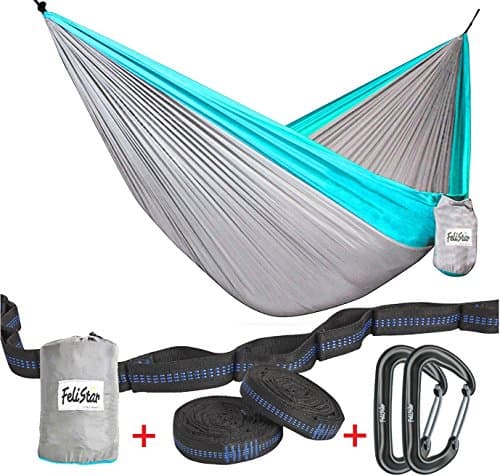 Hammock - Camping Double Hammock- Portable Parachute Nylon Hammock With Tree Straps & Alloy Carabiners For Backpacking Garden, Backyard,Hiking &Traveling(BLUE/GREY, DOUBLE)