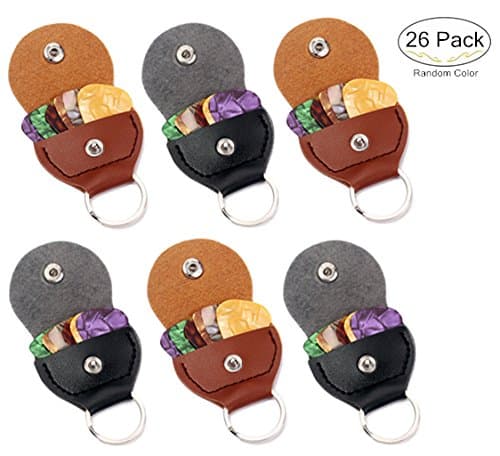6 Packs Rustic Guitar Pick Holder Cases+20 Pieces Celluloid Guitar Picks, Magnolora Leather Keychain Plectrum Cases Bag Bonus with Colorful Guitar Plectrums for Your Electric, Acoustic or Bass Guitar