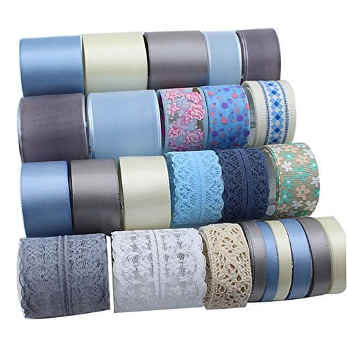 Seventopia 25 Patterns Mesh Lace Satin Grosgrain Fabric Ribbon Set for Crafts, DIY, Hair Bows and Gift Wrapping