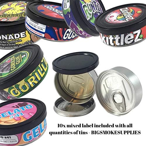 PRESSITIN Tuna Tin Cans - (60X, 100ML / 3.5 GRAM) - Self Hand Closed/Sealed - BLACK or CLEAR LIDS INCLUDED (10X Mixed Labels Included)