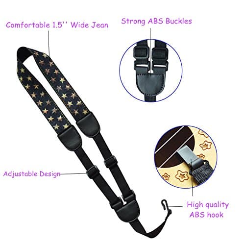 Fluorescent Star Ukulele Neck Strap, 1.5 Inch Adjustable Jean Straps With Hooks, Hawaiian Hootenanny Ukulele Accessories Guitar Neck Straps With 1 PU Leather Guitar Picks (black)