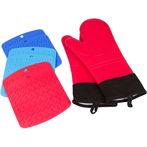 The Sili Chef Baking Bundle: Pair of Extra Long Heat Resistant Silicone Oven Mitts with Quilted 100% Cotton Lining (Red) and 6 Piece Silicone Hot Pad Set (Red, Blue, Light Blue)