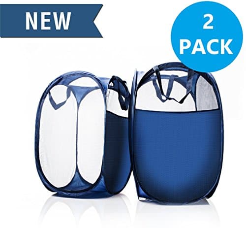Foldable Pop-Up Mesh Hamper Basket with Reinforced Carry Handles Set of 2 - Portable, Collapsible & Durable Laundry Bin with Extra Side Pocket - Perfect Bag for College Dorms, Adults, & Kids Clothes