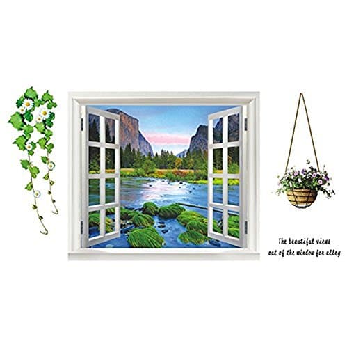 MacTop 1 X DIY Removable Wall Decal Mountain River View Window Beach Blue Vinyl Wall Sticker