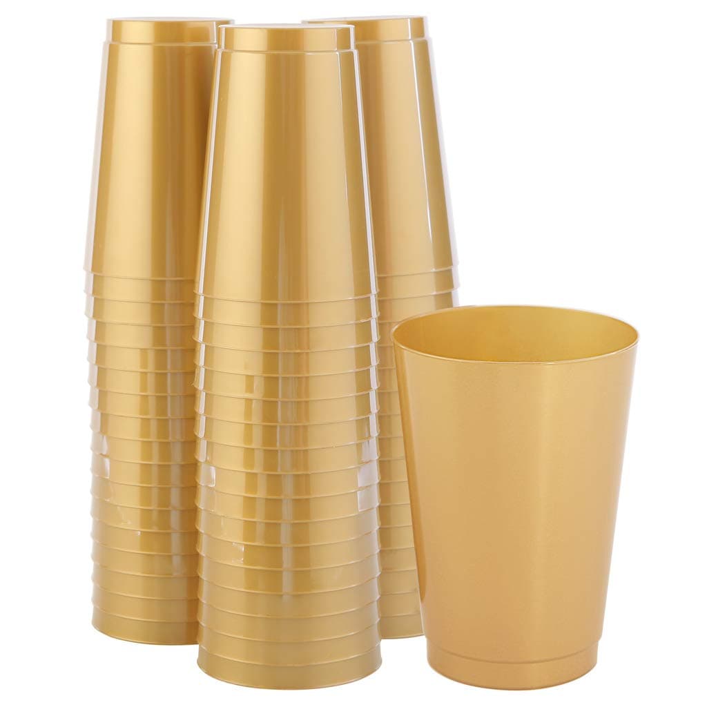 IOOOOO 100pcs Gold Plastic Cups 12 OZ, Solid Color Disposable Cups, Elegant Party Wedding Cups