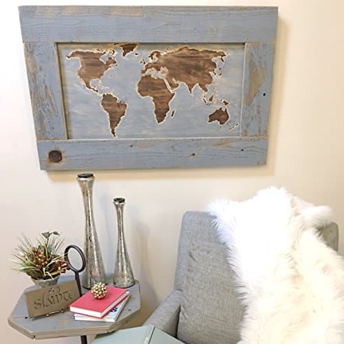 Engraved World Map - Hand Stained with Reclaimed Wood Frame
