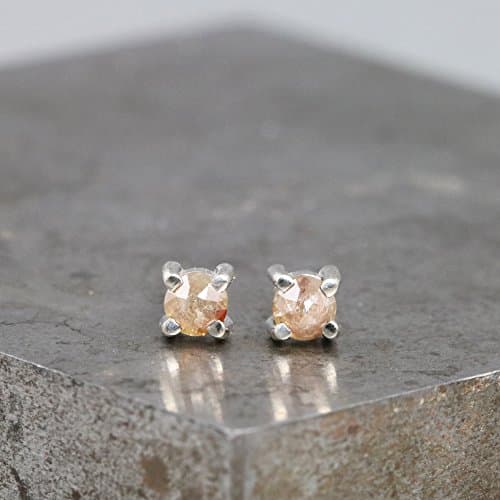 14k White Gold Stud Earrings with Rose Cut Diamonds - Tiny Pink Natural Diamonds