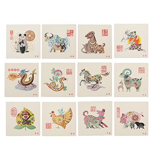 12 Assorted Chinese Zodiac Square Ceramic Absorbent Drink Coaster, Decorative Oriental Asian Horoscope Collectible Animal Sign Water Absorbing Tile Cup Mat for Tea Coffee Beer Beverage, Gift Set of 12