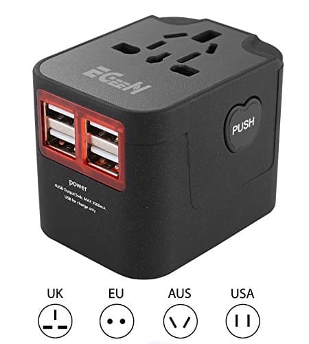 Universal Travel Adapter,Wall Power Converter Plug with 4 USB Charging Ports,AC Power Outlet Electric Wall Charger for Europe USA UK Australia (black),Built-in Fuse