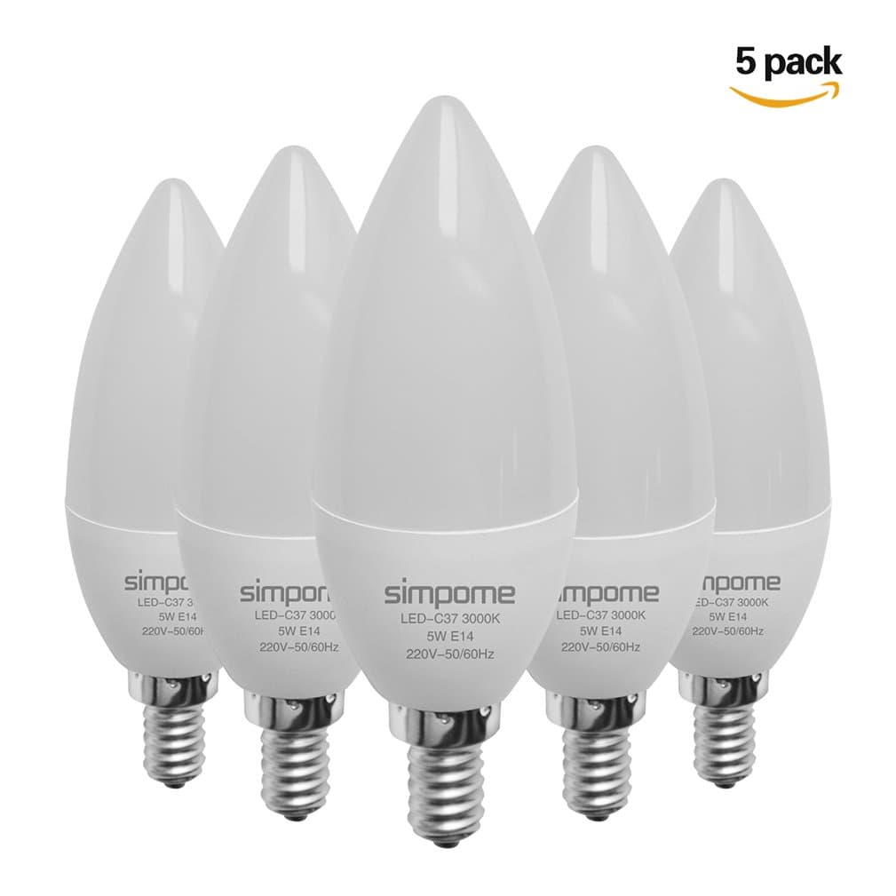 Simpome 5W E14 LED Warm Glow Candelabra light Bulb(5 Pack), C37 40W Incandescent Bulb Equivalent, Warm White 3000K LED Light bulbs, 400Lumens, Not Dimmable