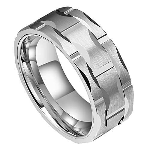 DOUX 8mm 10mm Mens Tungsten Carbide Wedding Ring Brick Pattern Brushed Silver Surface Statement Ring