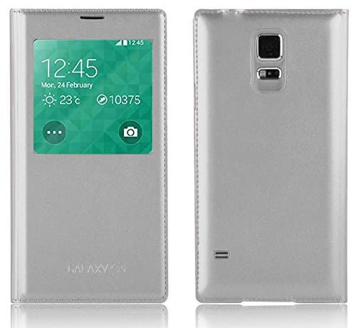 JAMMYLIZARD Samsung Galaxy S5 Case, Silver Leather Smart View Flip Cover, Screen Protector Included