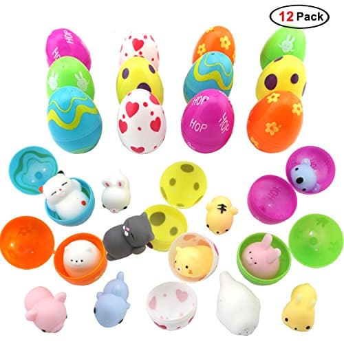 12 Pack Mochi Squishy Prefilled Easter Eggs (Toys Inside), Kawaii Stress Reliever Squishies Squeeze Toys for Easter Theme Party Favor, Easter Eggs Hunt, Basket Filler, Classroom Prize Supplies