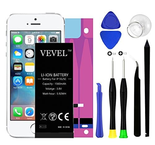 Battery Model iP 5S 5C, VEVEL Internal Li-ion Cycle Replacement Battery New 1560 mAh with Complete Repair Tool Kits,Adhesive- 2 Year Warranty