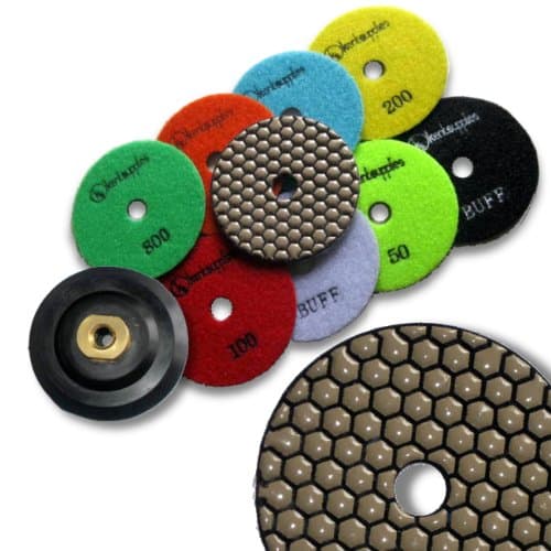 KENT 10 DRY 4" Premium Quality, Assorted Grits, 2mm Thick, Diamond Polishing Pads With Black And White Buff, and Velcro Style M14 Pad Holder