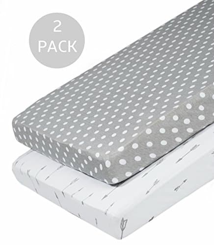Pack N Play Sheets, 2 Pack, 100% Jersey Cotton Playard Sheet for Boy and Girl, Polka Dots and Grey Arrows by Consciously