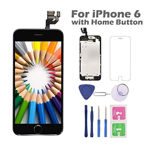 Full Assembly for iPhone 6 Screen Replacement with Home Button 4.7 Inch LCD Display Digitizer Touch Screen with Repair Tool Kit Black A1549 A1586 A1589