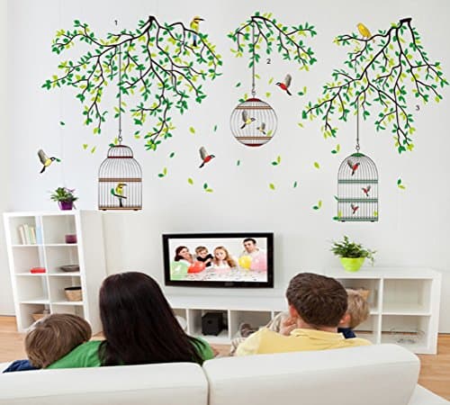 Funif Tree and Birdcage Wall Sticker Decals DIY Removable Wall Mural Wallpaper for Home Decoration Green 23.6" X 35.4"