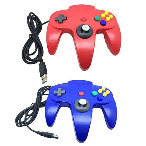 Pelod 2 packs Classic Retro N64 Bit USB Wired Controllers for PC and Mac(Red and Blue)
