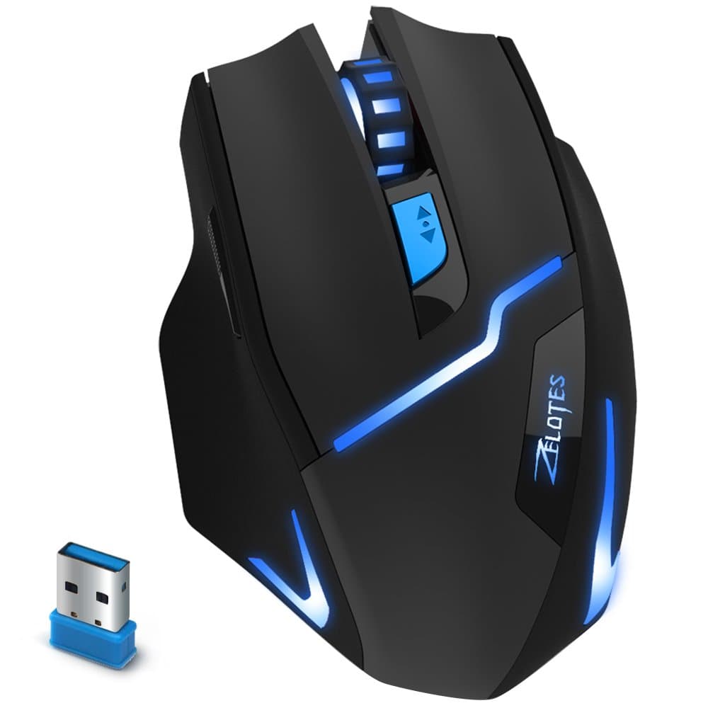 2.4G Wirelss Gaming Mouse, Zelotes Wireless Mouses Gaming with USB Receiver, 3 Adjustable DPI Levels Gaming Gamer Mice, 6 Buttons for Notebook, PC, Laptop, Computer, Macbook- Black.