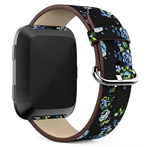 YuKing Flower Design Strap for Fitbit Versa,Soft PU Leather Floral Printed Style Watch Band Strap Wrist Band for Fitbit Versa Smart Fitness Watch (Black+ Green flower)