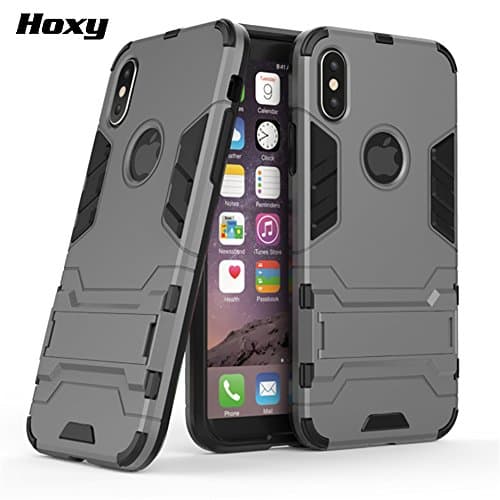 HOXY iPhone X Hybrid Armor Case Tempered Glass 2 in 1 Hard PC Cover + Soft TPU Bumper Case Cover, Shock Absorption, Scratch Resistant, Drop Tested, Lightweight with Kickstand(Grey)