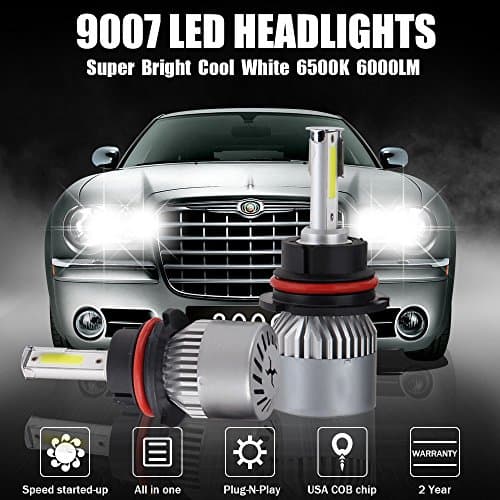Led Headlight Bulbs Conversion Kit 9007 HB5 6000LM 6500K 60W Automotive Car Headlight Lamp Replacement High Low Beam with Crystal Clear Cool White USA COB Chips Waterproof IP68 2 Pcs - 2 Yrs Warranty