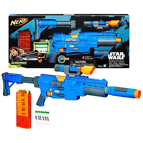 Nerf Year 2016 Star Wars Rogue One Series CAPTAIN CASSIAN ANDOR (EADU) Blaster with Lights and Sounds Plus Clip, Scope, Tactical Rail, Motorized Trigger, Stock and Glowstrike Darts