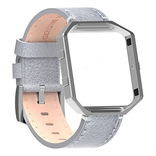 For Fitbit Blaze Bands Leather with Frame Small Large,Austrake Fitbit Blaze Band with Stainless Steel Buckle for Women Men (Silver Band + Silver Buckle + Silver Metal Frame, Small(5.5"-7.3"))