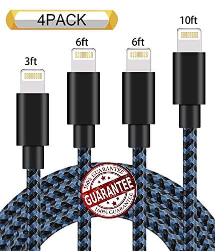 Zcen Lightning Cable 4Pack 3FT 6FT 6FT 10FT Nylon Braided Certified iPhone Cable USB Cord Charging Charger for iPhone X,8, 7, 7 Plus, 6, 6s, 6+, 5, 5c, 5s, SE, iPad, iPod, iPod Touch Black Blue