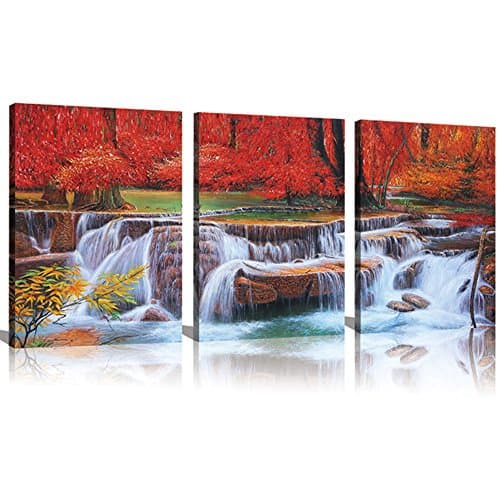Sunrise Art -Canvas Prints Red Tree Waterfall Paintings for Wall and Home Décor Landscape Paintings on Canvas 12x16inch 3pcs Stretched and Framed Ready to Hang