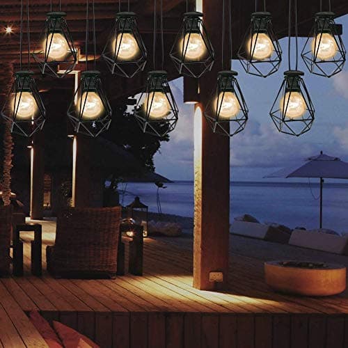 Ucharge Patio String Lights, E12 Diamond Metal Cage Hanging Lights Vintage Pendant Lamp Fixture with 10 Bulbs for Kitchen Dining Room Bedroom Cafe Bar Hotel Club Lighting Decor