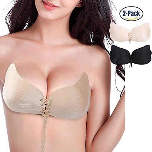 "Wire Drawing" 2 Pack Magic Drawstring Strapless Bra Adhesive Push-up Bras (Cup C, Butterfly: Beige x 1,Black x 1)