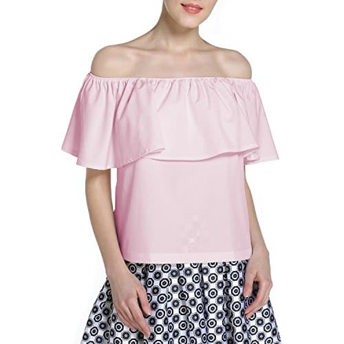BLDO Women's Ruffles Off Shoulder Solid Chiffon Blouse Loose Tops