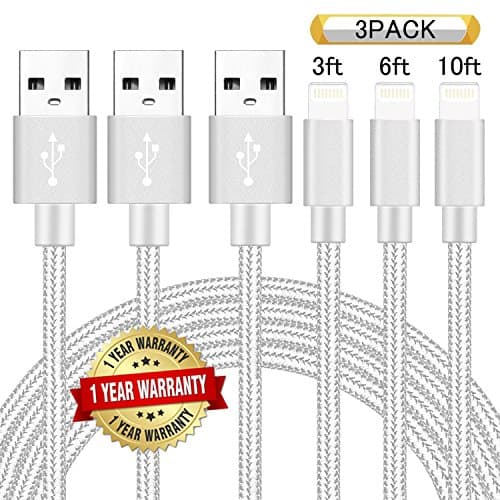Ulimag Lightning Cable 3Pack 3FT 6FT 10FT Nylon Braided Certified iPhone Cable USB Cord Charging Charger for iPhone X, 8, 8 Plus, 7, 7 Plus, 6s, 6s Plus, 6, 6 Plus, SE, iPad (Silver)
