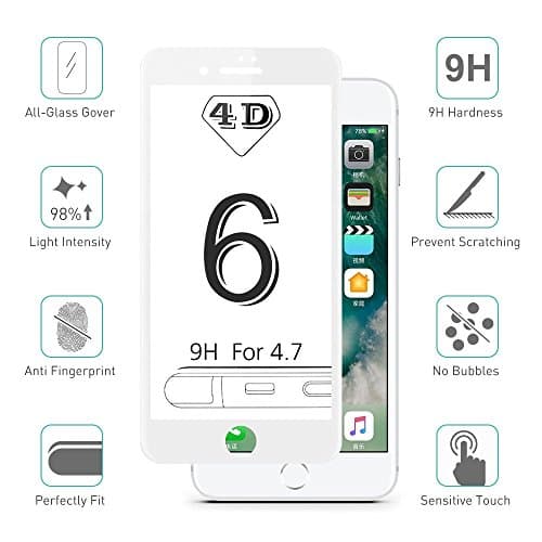 iPhone 6 6S Screen Protector Tempered Glass Film 4D Edge To Edge Full Coverage Curve Protection Protectors by RICKI (iPhone 6 / 6S White)