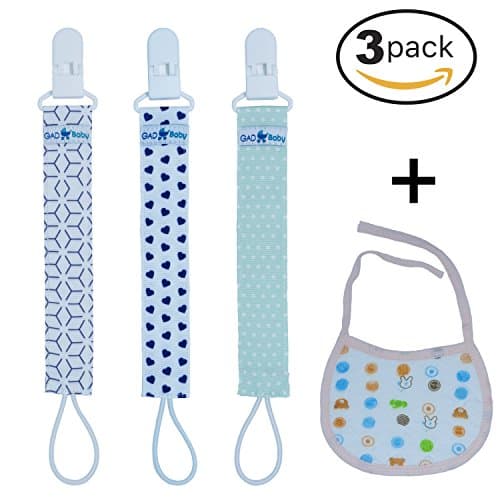 GAD Baby Pacifier Clips Set: 3-Pack Pacifier Holders + Baby Bib Gift/ Stylish, Sturdy, Durable Newborn Soother Holders w Safe Plastic Clips/ Cute Pacifier Clips for Boys & Girls/ Great Shower Gift