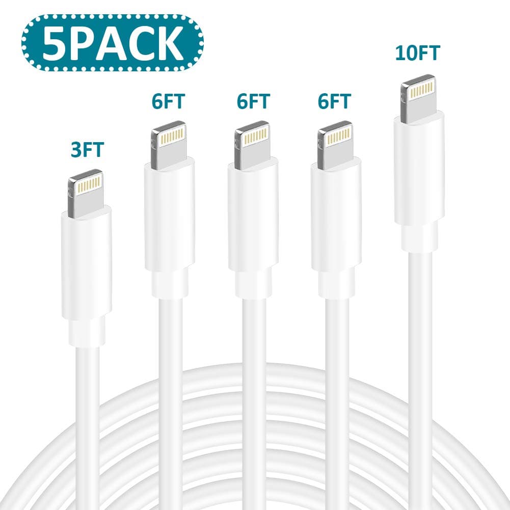 iPhone Charger,MFi Certified Lightning Cable 5Pack(3/6/6/6/10FT) Extra Long USB Fast Charging&Syncing Data Cord Compatible iPhone Xs/Max/X/XR/8/8Plus/7/7Plus/6S/6S Plus/SE (White)