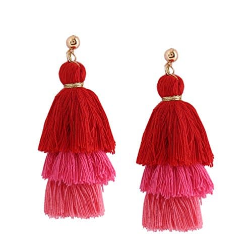 Multi Layered Tassel Earrings Tiered Thread Tassel Dangle Earrings-Red+Pink