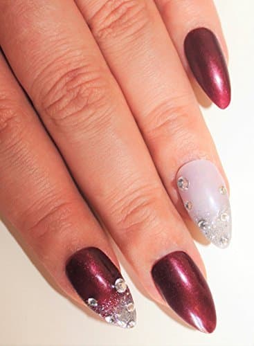 POLISH ME PRETTY Hand Painted Press On False Nails - Maroon Almond Pointed Claws with Crystal Design & Glitter by Polish Me Pretty