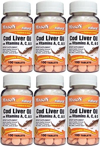 Mason Vitamins Cod Liver Oil With Vitamin A, C & D Orange Flavor Chewable Tablets, 6 Bottle Total 600 Tablets